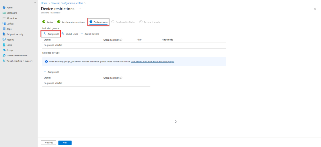 Review and create the configuration profile